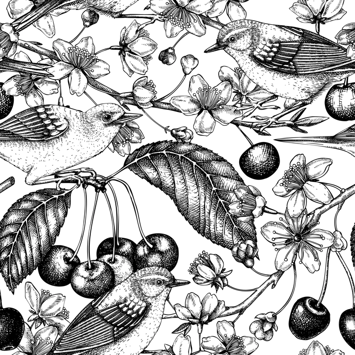 Cherry blossom branch seamless pattern. Vintage spring background with birds vector drawing. Blooming tree in sketch style, sakura with flowers, berries, leaves. Yellow warbler spring background 